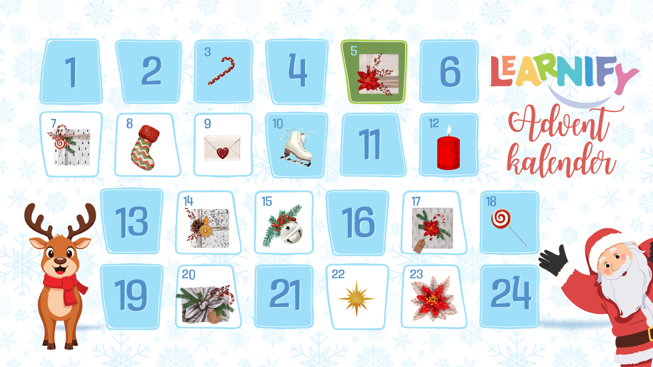 Eine Gitter aus 24 Kästchen, jedes mit einer Nummer und einem weihnachtlichen Bild. Das erste Kästchen ist mit '2' und einem Weihnachtsbaum beschriftet. Das zweite Kästchen ist mit '3' und einer Zuckerstange beschriftet. Das dritte Kästchen ist mit '4' und einer Eiskunstlauffigur beschriftet. Das vierte Kästchen ist mit '5' und einer Weihnachtsblume beschriftet.