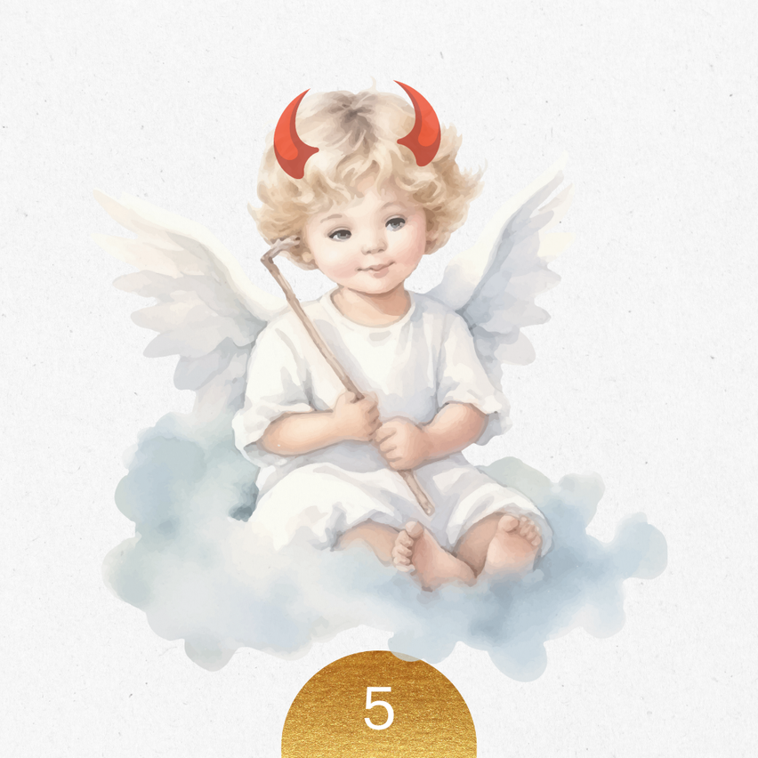 Ein Kindsengel mit roten Hörnern und Flügeln sitzt auf einer Wolke und hält einen Stab. Das Bild zeigt einen goldenen Kreis mit der Nummer 5.