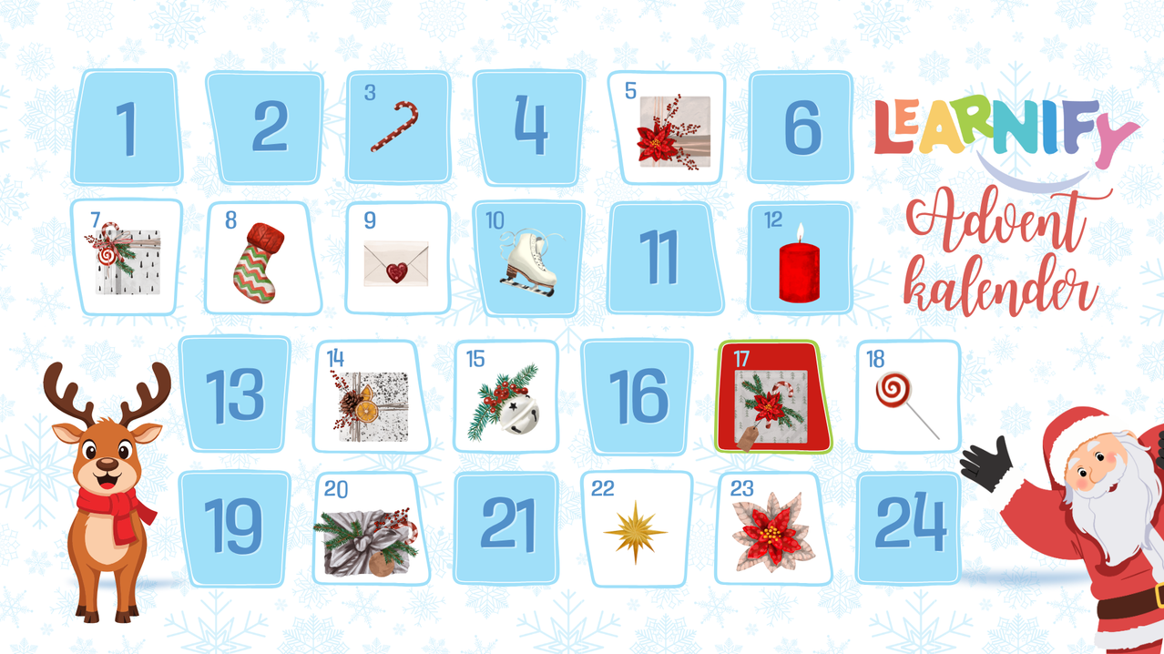 Das Bild zeigt einen festlichen Adventskalender mit den Zahlen 1 bis 24, wobei jede Zahl von einem anderen weihnachtlich gestalteten Symbol begleitet wird. Jedes Symbol ist unterschiedlich und repräsentiert verschiedene Aspekte der Weihnachtszeit.