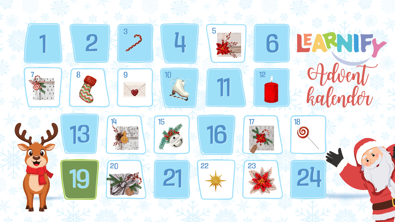 Eine Raster von 24 Kästchen nummeriert von 1 bis 24 mit verschiedenen Weihnachtsikonen, einschließlich einer Zuckerstange, Schlittschuhen, einem Geschenk, einer Kerze und einer Weihnachtsblume.