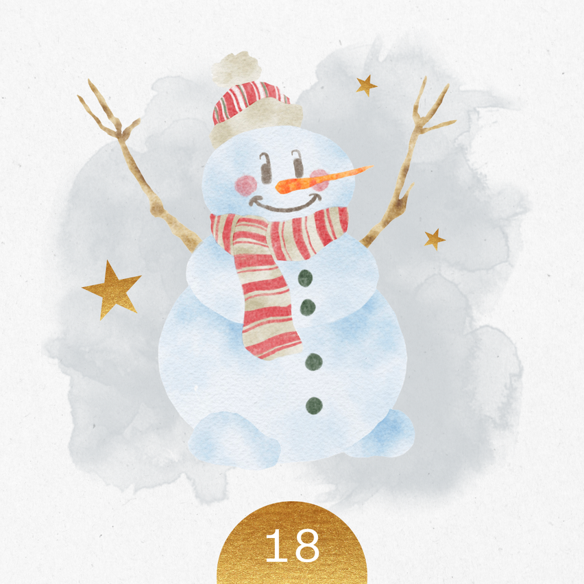 Ein fröhlicher Schneemann mit einem rot-weiß gestreiften Schal, einer Karottennase und drei Punkten für die Augen. Der Schneemann hat zwei hölzerne Arme und steht vor einem Aquarellhintergrund mit Sternen. Die Nummer 18 ist unten angezeigt.