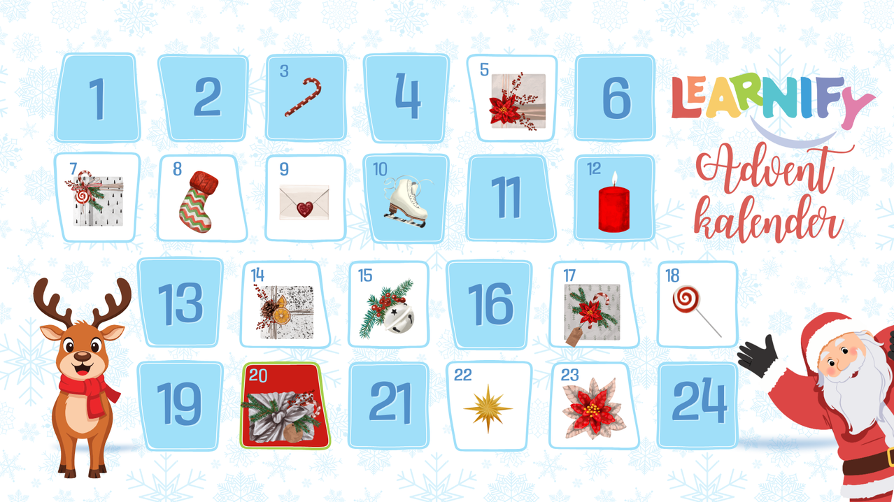 Ein Adventskalender mit den Nummern 1-24, jedes Feld hat ein anderes weihnachtliches Bild. Nummer 2 hat eine Zuckerstange, 3 einen Brief, 4 einen Schlittschuh und so weiter.