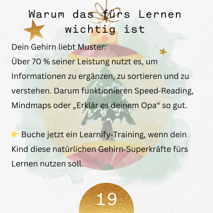 Das Bild zeigt eine Werbung für Learnify-Training. Es betont die Wichtigkeit des Lernens und erwähnt, dass über 70% der Gehirnleistung für die Verarbeitung von Informationen genutzt wird. Es schlägt Techniken wie Speed-Reading und Mind Maps vor, um das Lernen zu verbessern. Es lädt zum Buchen eines Learnify-Trainings ein.