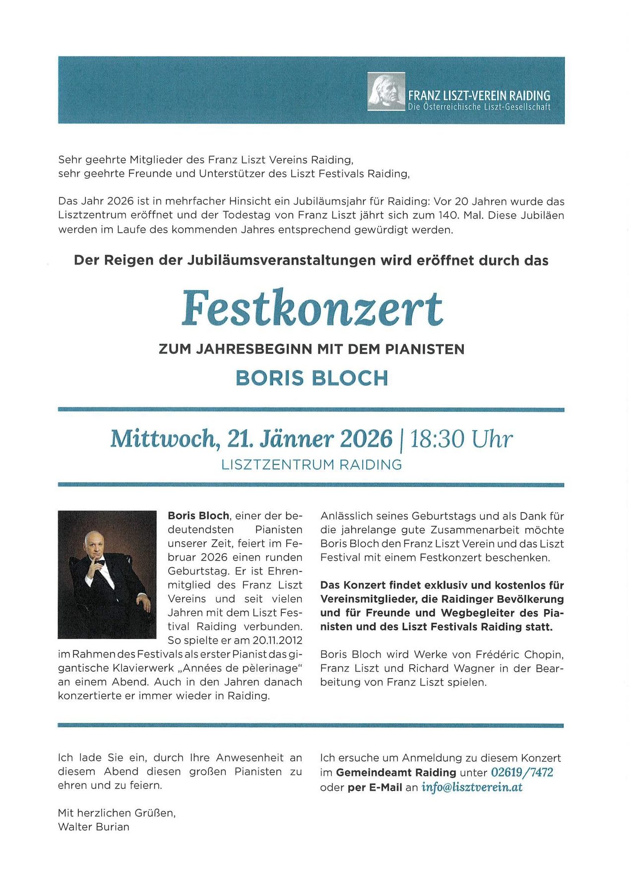 Ein Plakat für ein Konzert des Pianisten Boris Bloch im Liszt-Zentrum in Raiding, Österreich. Das Konzert feiert das 20-jährige Jubiläum der Eröffnung des Zentrums und den 140. Todestag von Franz Liszt. Das Event ist für den 21. Januar 2026 angesetzt.