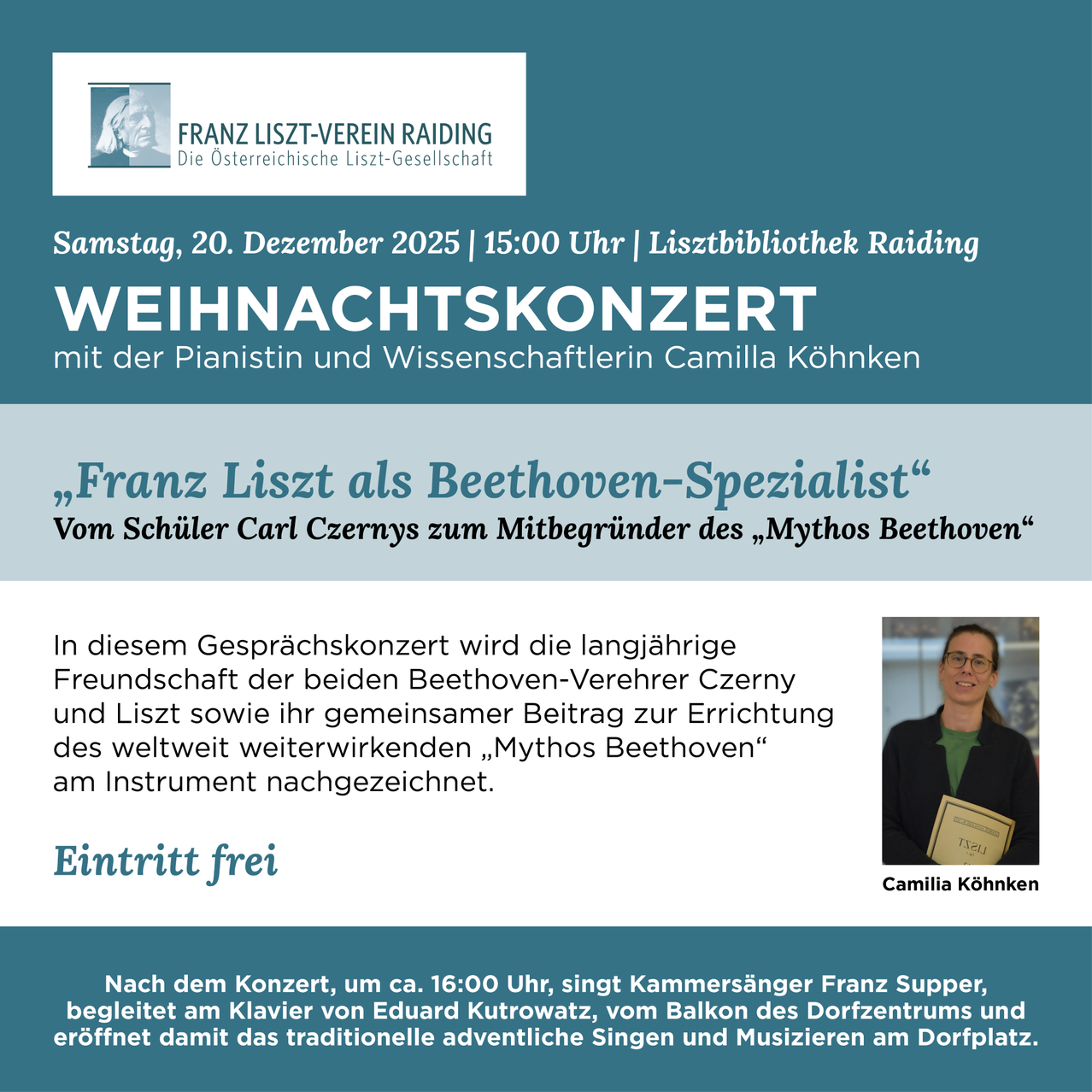 Ein Plakat kündigt ein Weihnachtskonzert am 20. Dezember 2025 um 15:00 Uhr an, bei dem die Pianistin Camilla Kohnken über Franz Liszt als Beethoven-Spezialist spricht. Der Eintritt ist frei.
