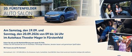 An advertisement for a blue Volkswagen ID. Polo car, displayed in front of a modern building. The ad includes a date and time for an event at a dealership in Furstenfeld.