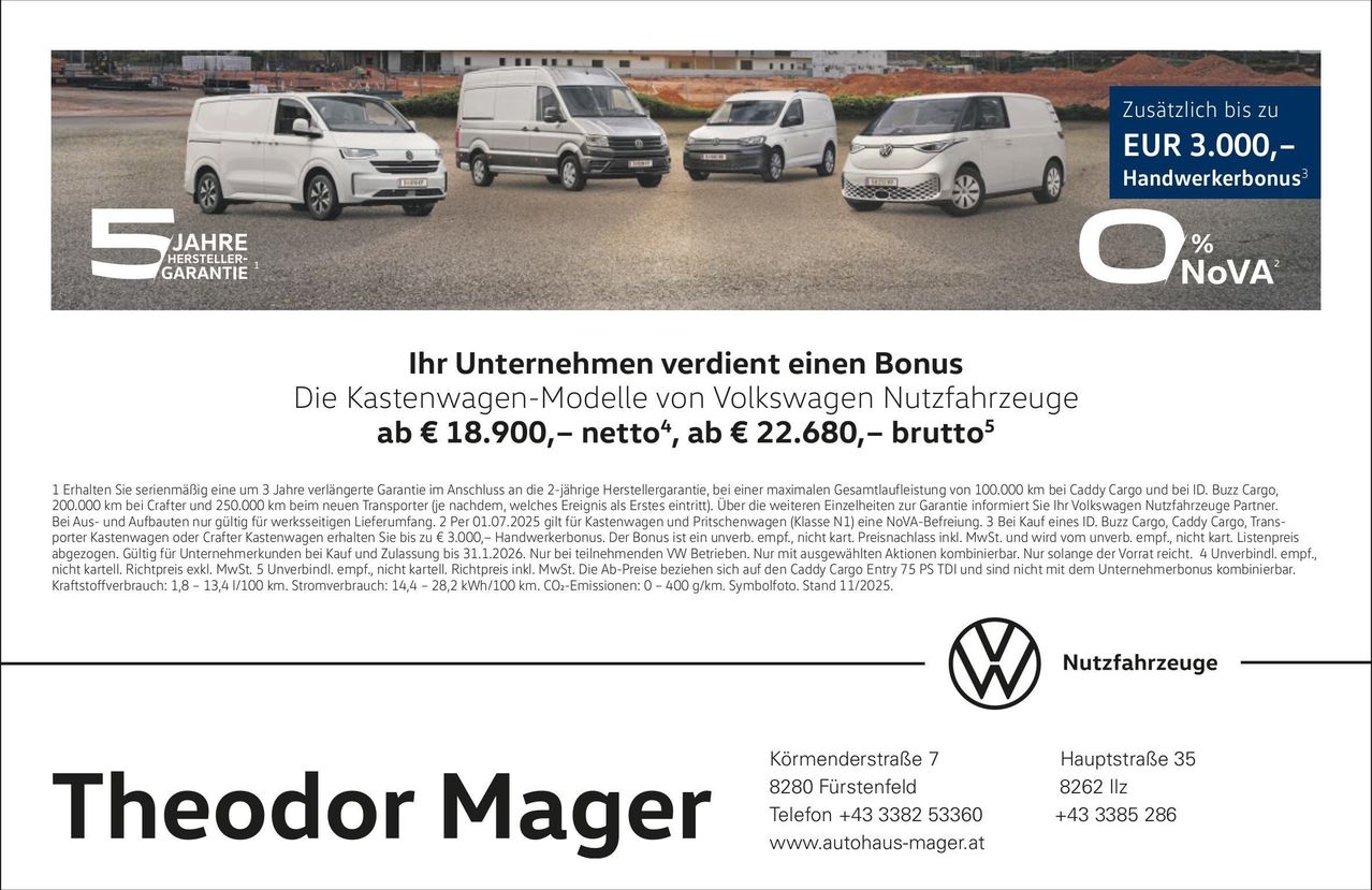 Eine Werbung für Volkswagen Nutzfahrzeuge bietet einen Bonus an. Die Preise beginnen bei 18.900 Euro netto. Zusätzliche Informationen zu Garantie, Kilometerleistung und Emissionen werden bereitgestellt. Kontaktdaten für einen lokalen Händler sind ebenfalls aufgeführt.
