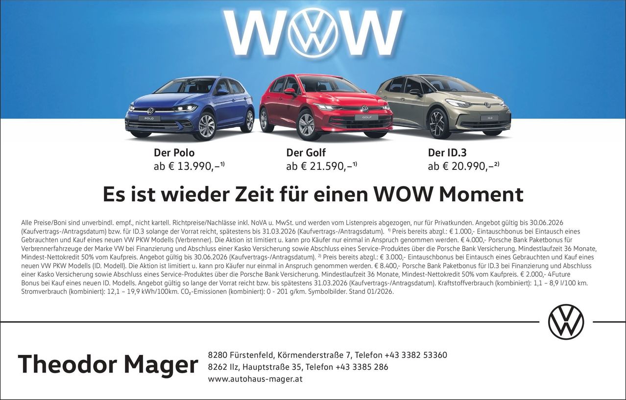 Advertisement for Volkswagen cars. Three models: Polo, Golf, ID.3. Prices starting from €13,990, €21,590, and €20,990 respectively. Limited stock and offer valid until 31.03.2026. Includes financing, insurance, and service products. Contact details provided.