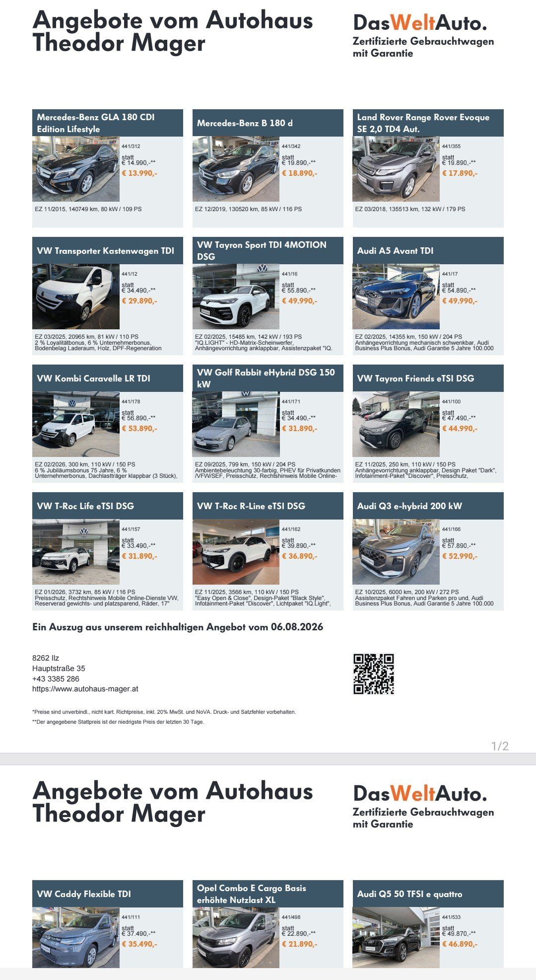 Ein Werbebild, das verschiedene Volkswagen-Fahrzeuge zeigt, einschließlich des VW Transporter Kastenwagen TDI, VW Tayron Sport TDI 4MOTION DSG und Audi A5 Avant TDI, jeweils mit ihren Spezifikationen und Preisen.
