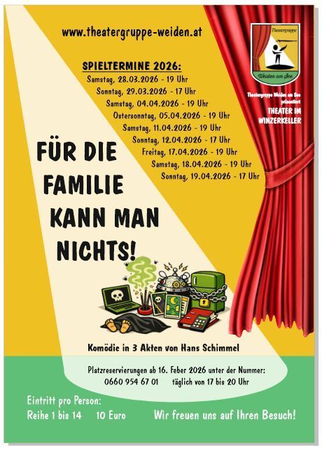 Poster advertising theater performances in Weiden, Germany. Various dates and times listed, with a comic drawing of a computer and a robot.