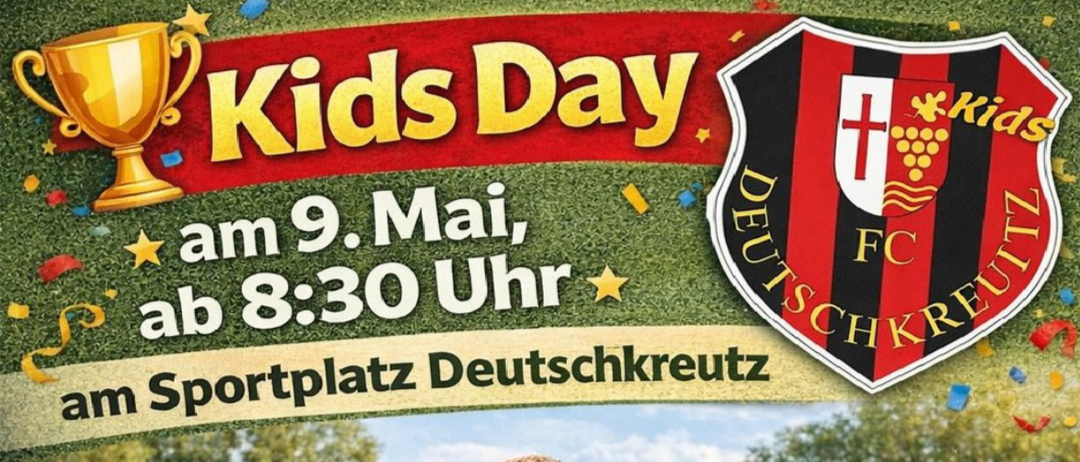 Kids Day at the Deutschkreutz sports field on May 9th at 8:30 PM. Children playing soccer on the field.