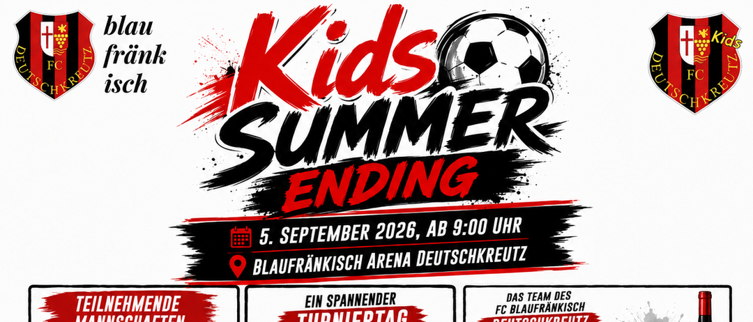 Poster for Kids Summer Ending event on September 5, 2026, featuring soccer teams, prizes, and a 90s party.