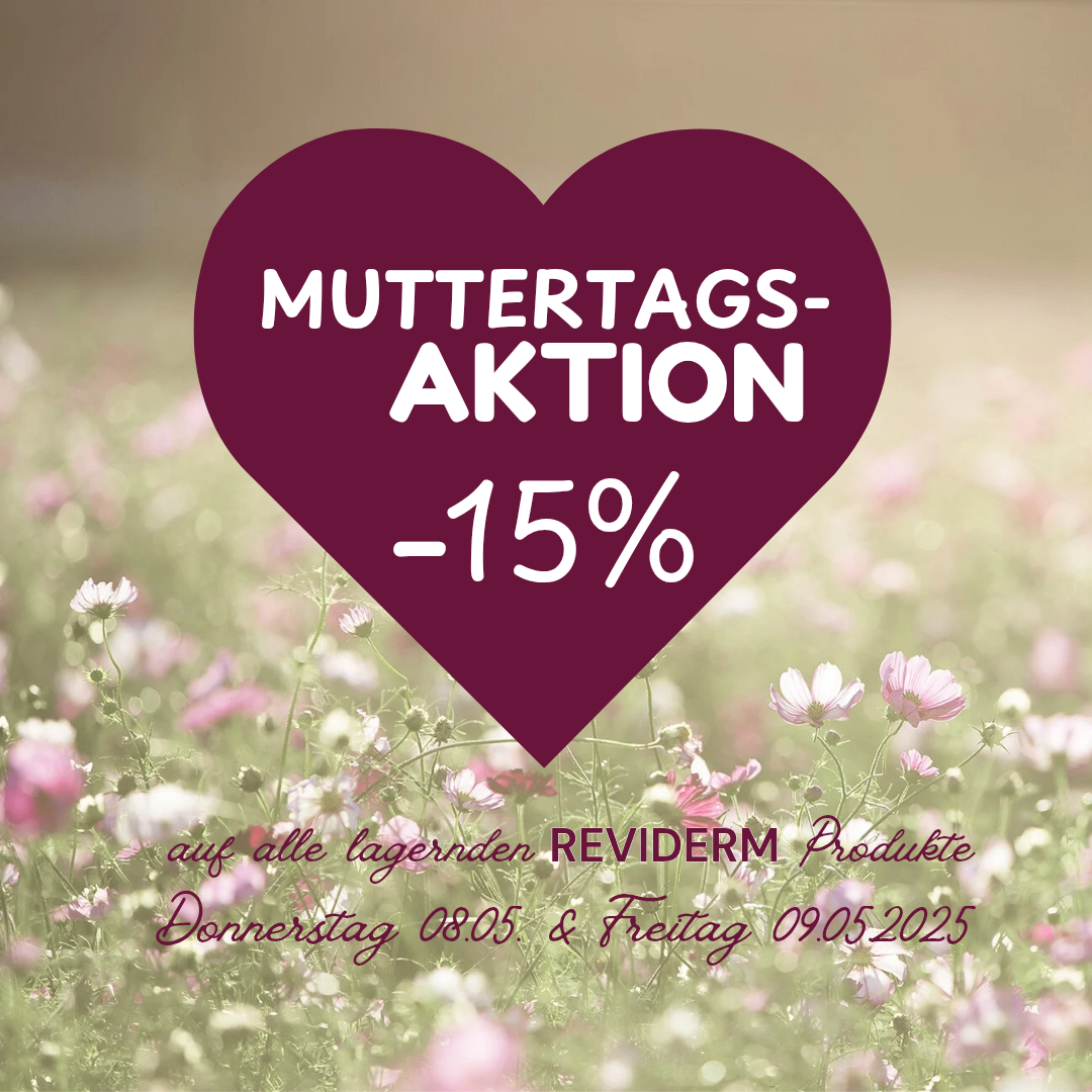 Werbebanner für den Muttertagsverkauf mit 15% Rabatt auf alle Reviderm-Produkte, erhältlich am Donnerstag 08.05 und Freitag 09.05.2025.