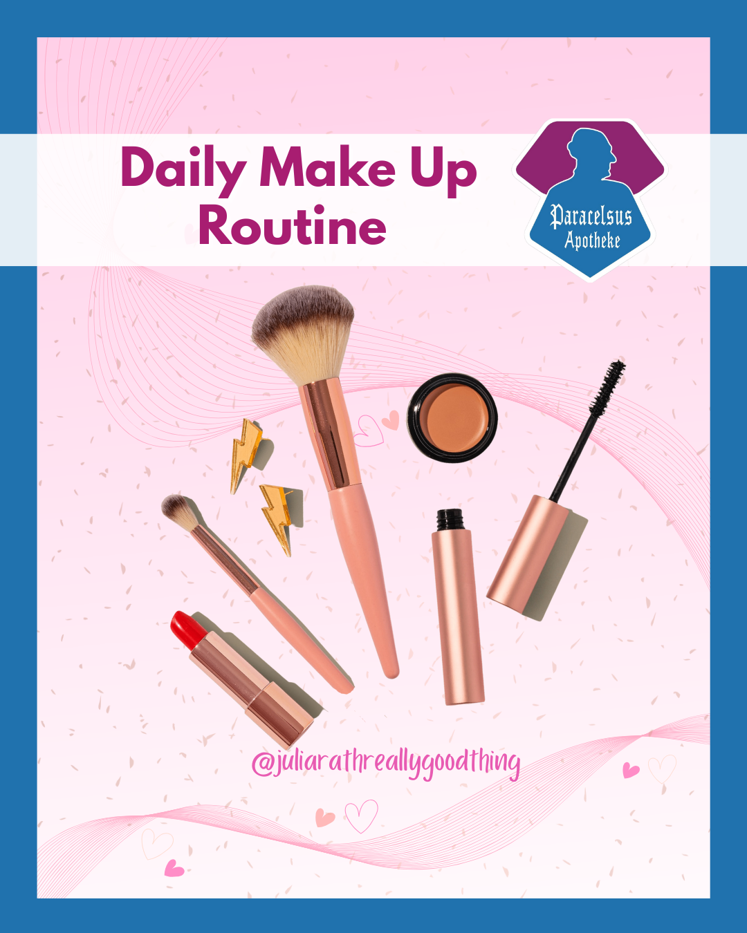 Werbeposter für eine tägliche Make-up-Routine mit verschiedenen Make-up-Pinseln, Mascara, Lippenstift und anderen Schönheitsprodukten auf einem rosa Hintergrund.