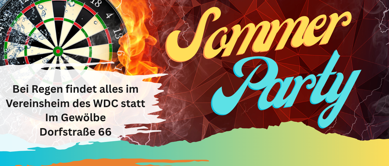 Plakat für eine Sommerparty am 18. Juli in der Werndorfer Schulgrube. Zeigt eine Strandszene, einen Cocktail und Aktivitäten wie Darts und Flaschenspiele.