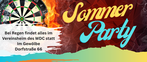 Plakat für eine Sommerparty am 18. Juli in der Werndorfer Schulgrube. Zeigt eine Strandszene, einen Cocktail und Aktivitäten wie Darts und Flaschenspiele.