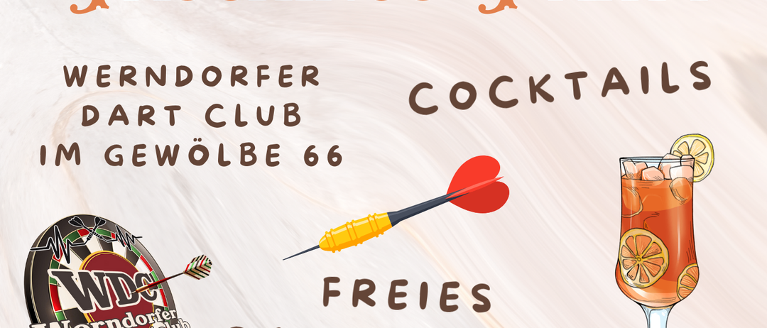 Werbeposter für die Faschings Party im Werndorfer Dart Club. Datum: 17. Februar, Zeit: 17:00 Uhr. Highlights sind Cocktails, Darts und eine Partystimmung. Ort: Gewölbe 66.