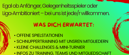 Werbeposter für einen Dartverein mit Dartscheibe und Feuer. Treten Sie dem Dartverein am 16. Mai um 11:11 Uhr bei. Anfänger, Freizeitspieler oder Ligaspieler sind willkommen. Erwarten Sie offene Stationen, Training, Mini-Herausforderungen, Infos zu Training, Teams und Mitgliedschaft sowie Erfrischungen. Bringen Sie Freunde mit und werfen Sie ein paar Pfeile.
