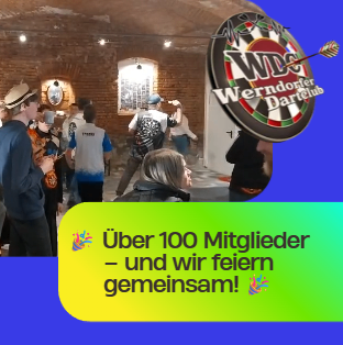 Eine Gruppe von Menschen in Hüten und Jacken versammelt sich in einem Raum mit Ziegelwänden. Ein Logo eines Dartclubs ist zu sehen. Über 100 Mitglieder feiern gemeinsam.