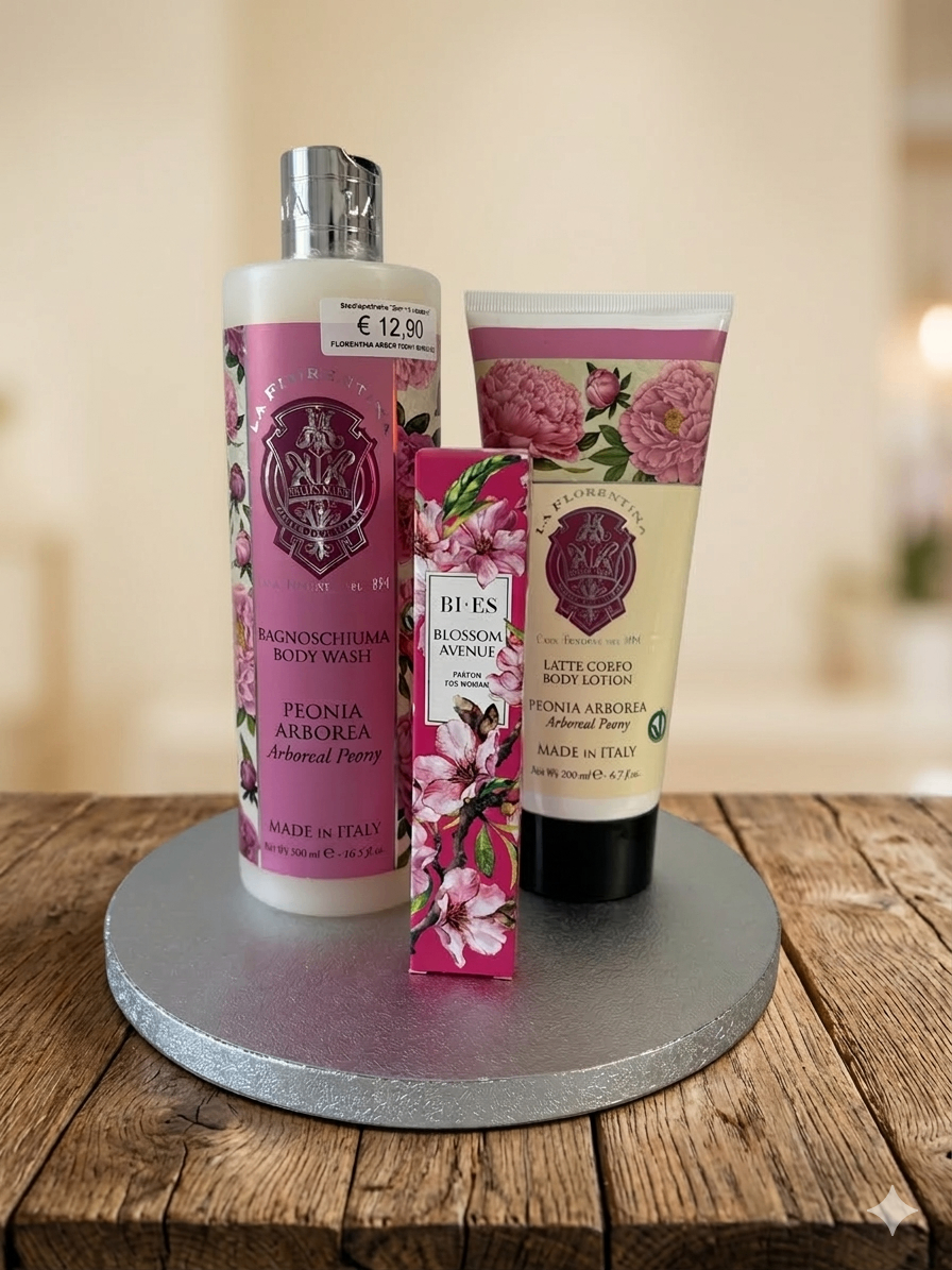 Ein Set aus drei Schönheitsprodukten steht auf einer Holzoberfläche. Dazu gehören eine Duschgelflasche, eine Lotionstube und eine kleine Schachtel. Alle Artikel haben Blumendesigns und werden in Italien hergestellt.