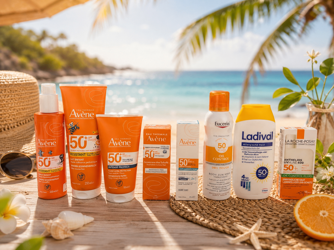 Eine Sammlung von Sonnencremes und Hautpflegeprodukten wird auf einem Holztisch mit einem Strand im Hintergrund ausgestellt.