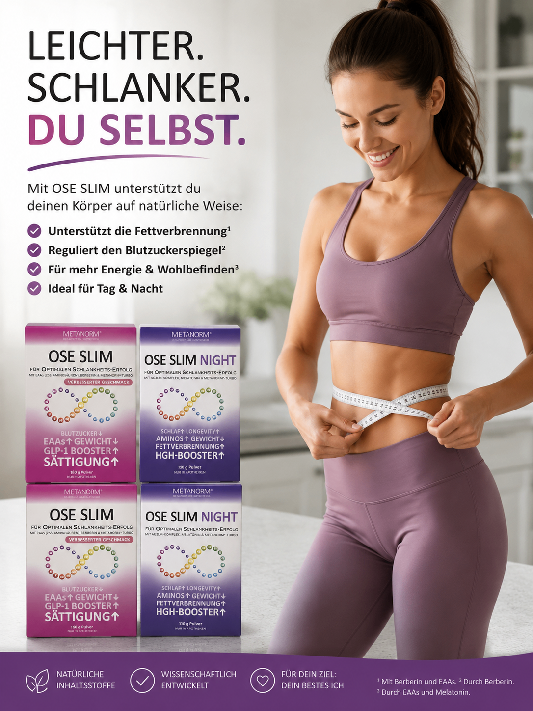 Eine Anzeige für OSE SLIM Produkte zeigt eine Frau, die ihre Taille misst. Es verspricht, die Fettverbrennung zu unterstützen, den Blutzuckerspiegel zu regulieren und Energie und Wohlbefinden zu steigern.