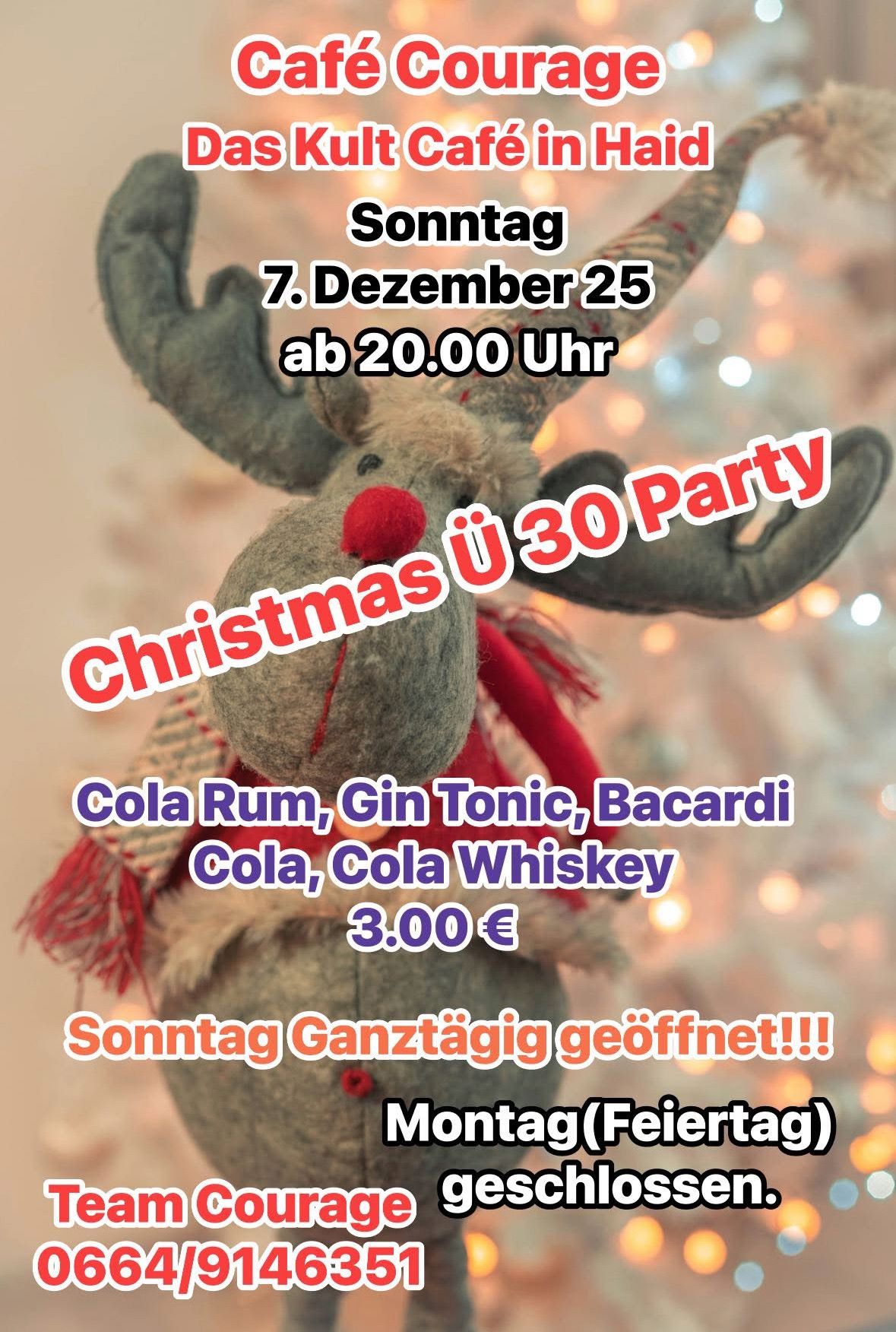 Am Sonntag, den 25. Dezember, findet ab 20:00 Uhr eine Weihnachtsfeier statt. Verschiedene Getränke sind für 3,00 Euro erhältlich. Die Veranstaltung ist ganztägig geöffnet.