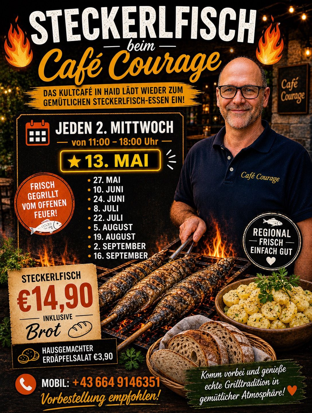Cafe Courage lädt Sie zum Genuss von gegrilltem Fisch jeden 2. Mittwoch von 11:00 bis 18:00 Uhr ein. Beginn am 13. Mai. Preis: 14,90 Euro.