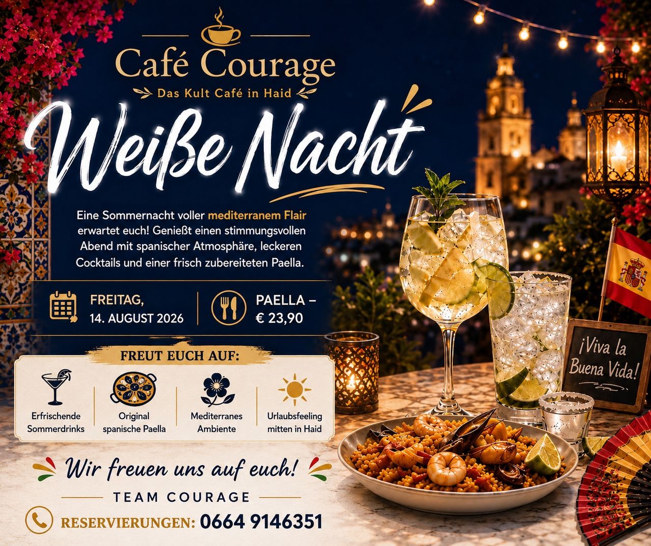 Das Café Courage veranstaltet am 14. August 2026 eine Weiße Nacht mit mediterranem Flair. Das Bild zeigt einen Tisch mit einem Glas Cocktail, einer Platte mit spanischer Paella und einer Kerze.