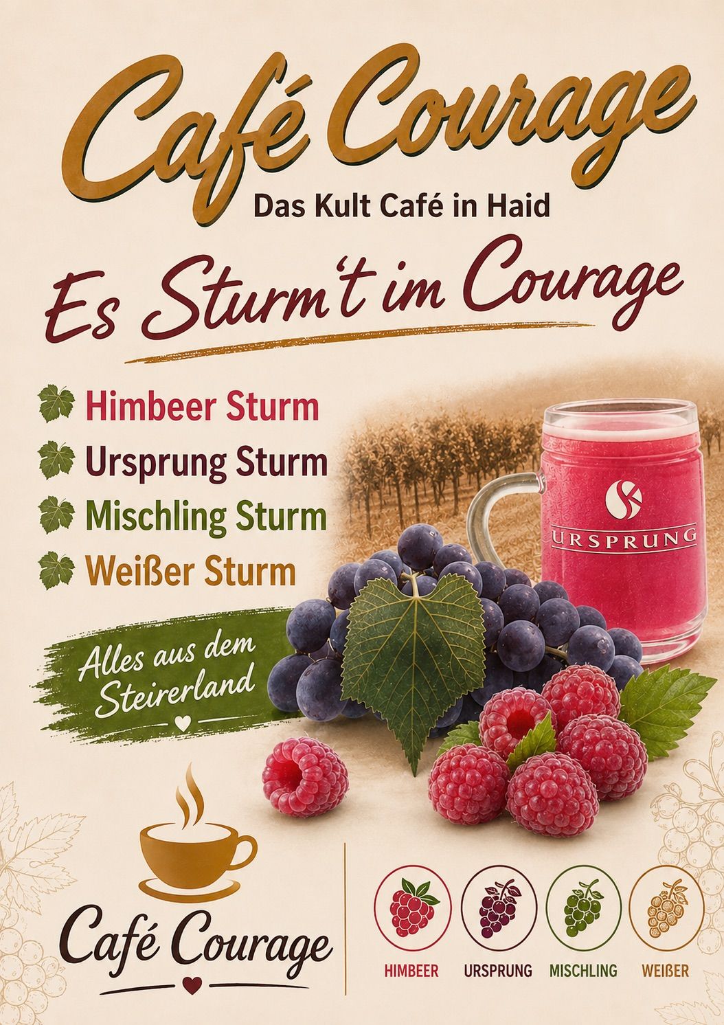 Ein Plakat für ein Café in Haid mit verschiedenen Fruchtgetränken und einer Tasse Kaffee mit Beeren und Trauben im Hintergrund.
