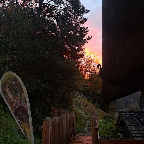 Ein hölzerner Pfad führt einen Hügel hinauf mit einer Umzäunung. Ein Sonnenuntergang ist im Hintergrund mit einem Baum und Pflanzen sichtbar. Ein Banner auf der linken Seite steht 'Reichenlehn'.