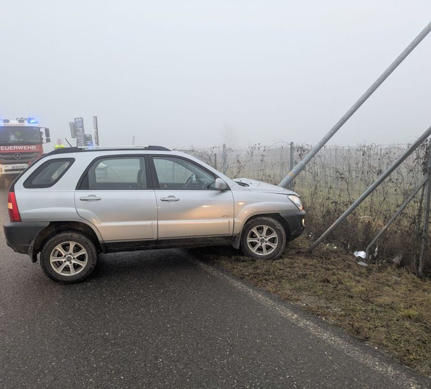 A silver SUV is parked on the side of the road, having collided with a pole, with a firefighter's truck in the background.