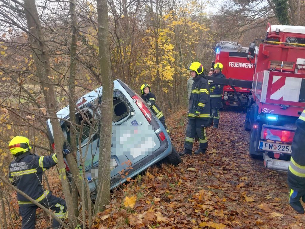 Ein Auto ist in einem Wald umgekippt, Feuerwehrleute reagieren. Ein roter Feuerwehrwagen ist in der Nähe geparkt.