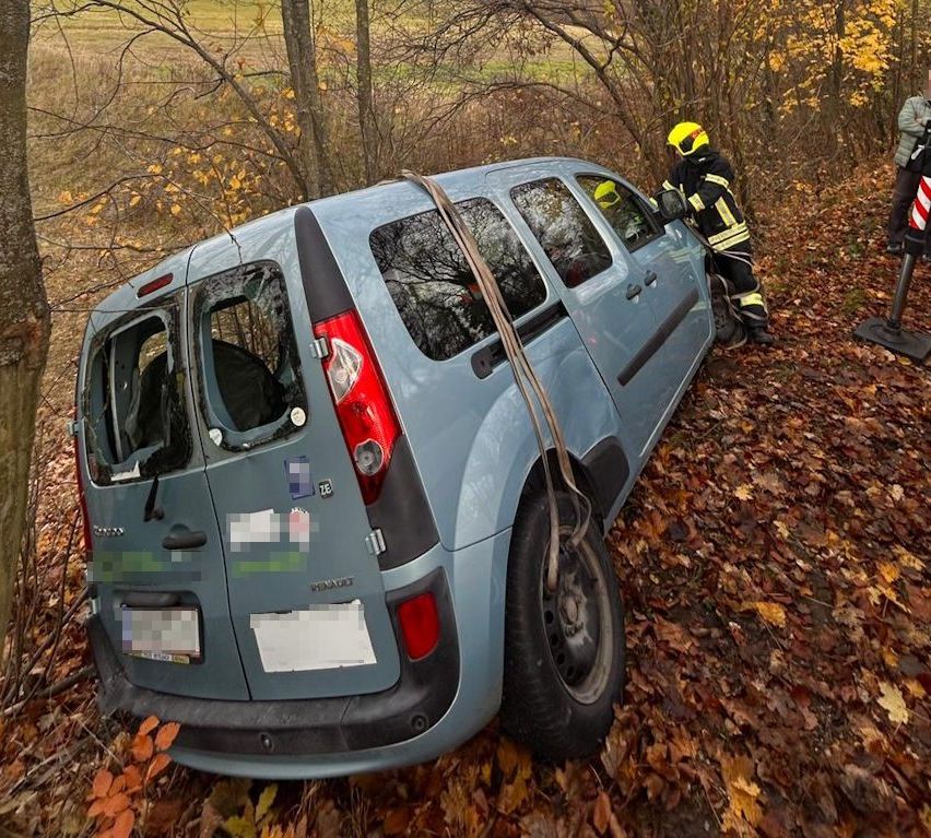 Ein blauer Minivan steht schief in einem bewaldeten Bereich, ein Feuerwehrmann hilft. Das Fahrzeug hat ein zerbrochenes Heckfenster und einen am Rad befestigten Seil.