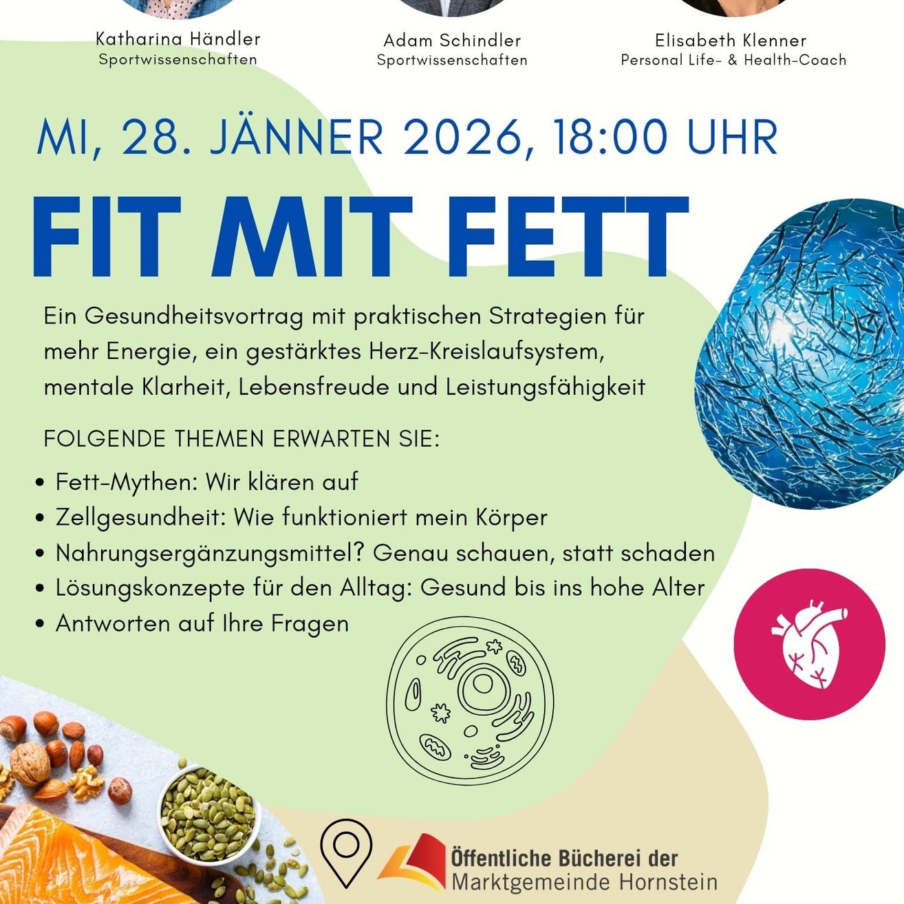 Ein Plakat für den Vortrag 'Fit mit Fett' am 28. Januar 2026 um 18:00 Uhr. Redner sind Katharina Händler, Adam Schindler und Elisabeth Klenner. Themen sind Fettmythen, Zellgesundheit, Nahrungsergänzungsmittel und Lösungen für den Alltag für lebenslange Gesundheit.
