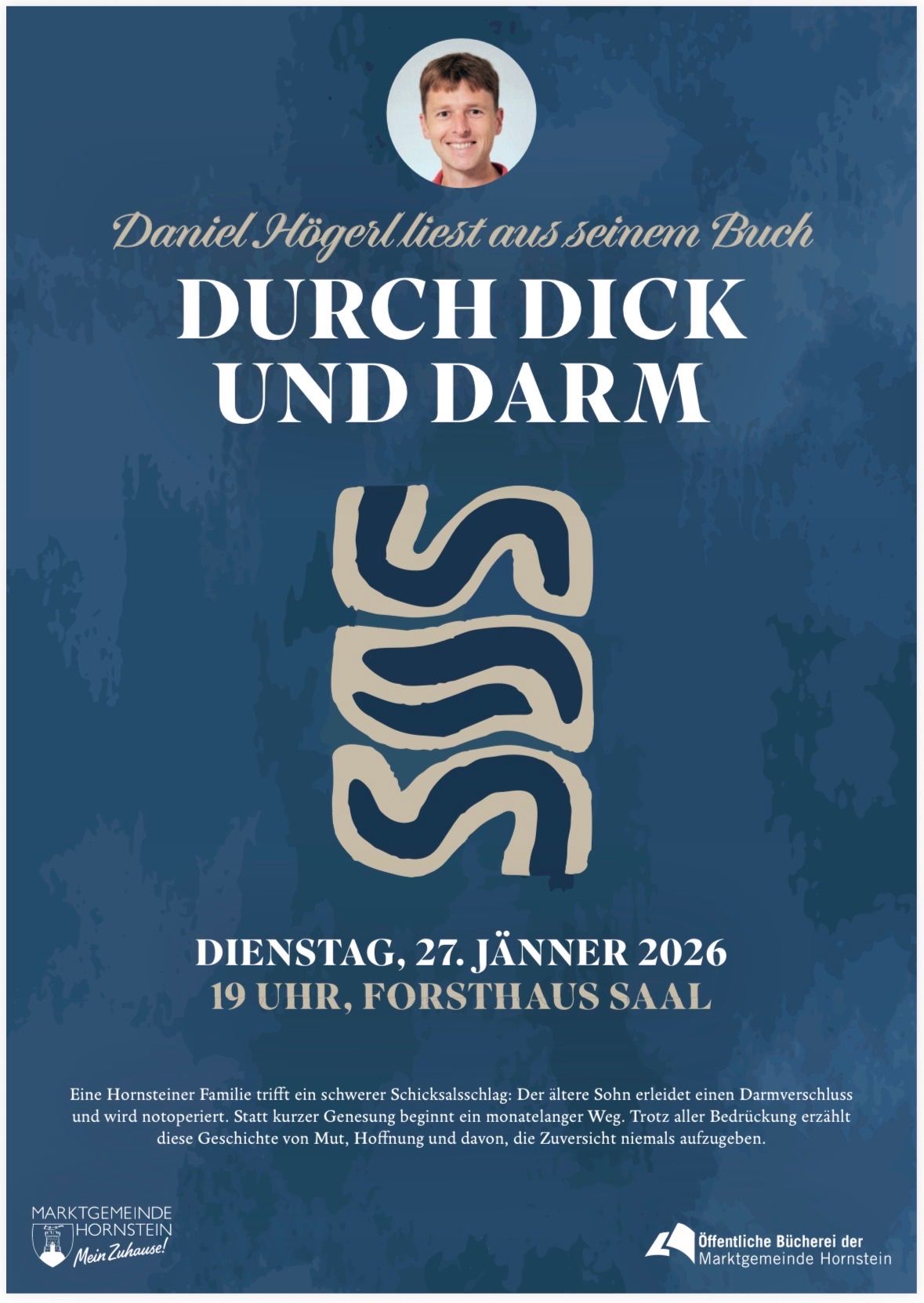 Ein Plakat bewirbt eine Lesung. Daniel Hoeger liest aus seinem Buch 'Durch Dick und Darm' am Dienstag, 27. Januar 2026, um 19 Uhr im Forsthaus Saal.
