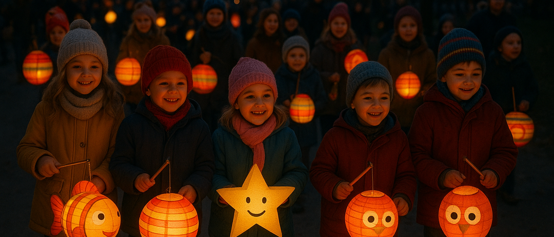 In der Nacht halten eine Gruppe von Kindern leuchtende Laternen, darunter eine mit einem Stern und eine mit einem Eulengesicht. Sie lächeln und stehen im Kreis.