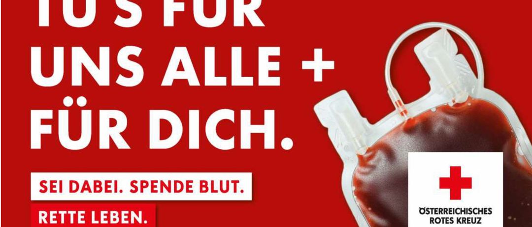 Plakat für Blutspende-Veranstaltung am 9. Februar 2026, von 15:30 bis 20:00 im Veranstaltungszentrum Möllbrücke. Rotes Kreuz Logo und Text in Deutsch.