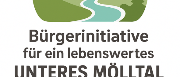 Das Logo der 'Bürgerinitiative für ein lebenswertes UNTERES MÖLLTAL' zeigt einen Fluss, der durch grüne Hügel unter Bergen fließt.