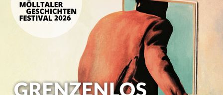 Plakat für das Festival 2026 mit einer Person in einem roten Mantel, der einen Spiegel hält, mit dem Titel 'Grenzlos' und Veranstaltungsdetails. Die Veranstaltung ist eine Preisverleihung für den Literaturpreis von Kärnten für Kurzgeschichten.