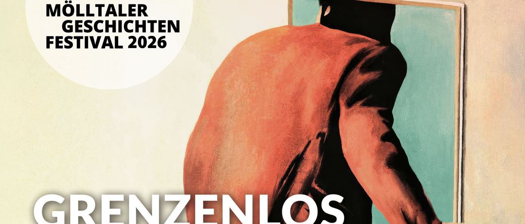 Plakat für das Festival 2026 mit einer Person in einem roten Mantel, der einen Spiegel hält, mit dem Titel 'Grenzlos' und Veranstaltungsdetails. Die Veranstaltung ist eine Preisverleihung für den Literaturpreis von Kärnten für Kurzgeschichten.