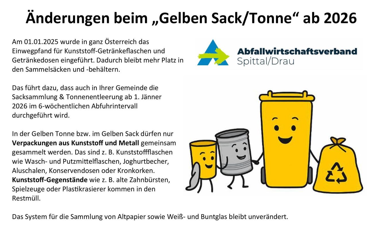 Das Bild zeigt Recycling-Anweisungen für Österreich und konzentriert sich auf die Verwendung gelber Säcke für Plastik und Metall. Es zeigt Cartoon-Charaktere und Symbole zur Anleitung der Benutzer.