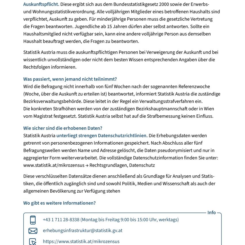 Das Bild enthält Informationen über die Verpflichtung zur Bereitstellung von Informationen und Datenschutz. Es wird erklärt, dass alle Haushaltsmitglieder zur Bereitstellung von Informationen verpflichtet sind. Es wird auch erwähnt, dass strenge Datenschutzrichtlinien befolgt werden.
