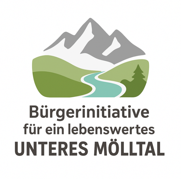Ein Logo zeigt eine Gebirgslandschaft mit einem Fluss. Unten steht 'Burgerinitiative für ein lebenswertes Unteres Molltal.'