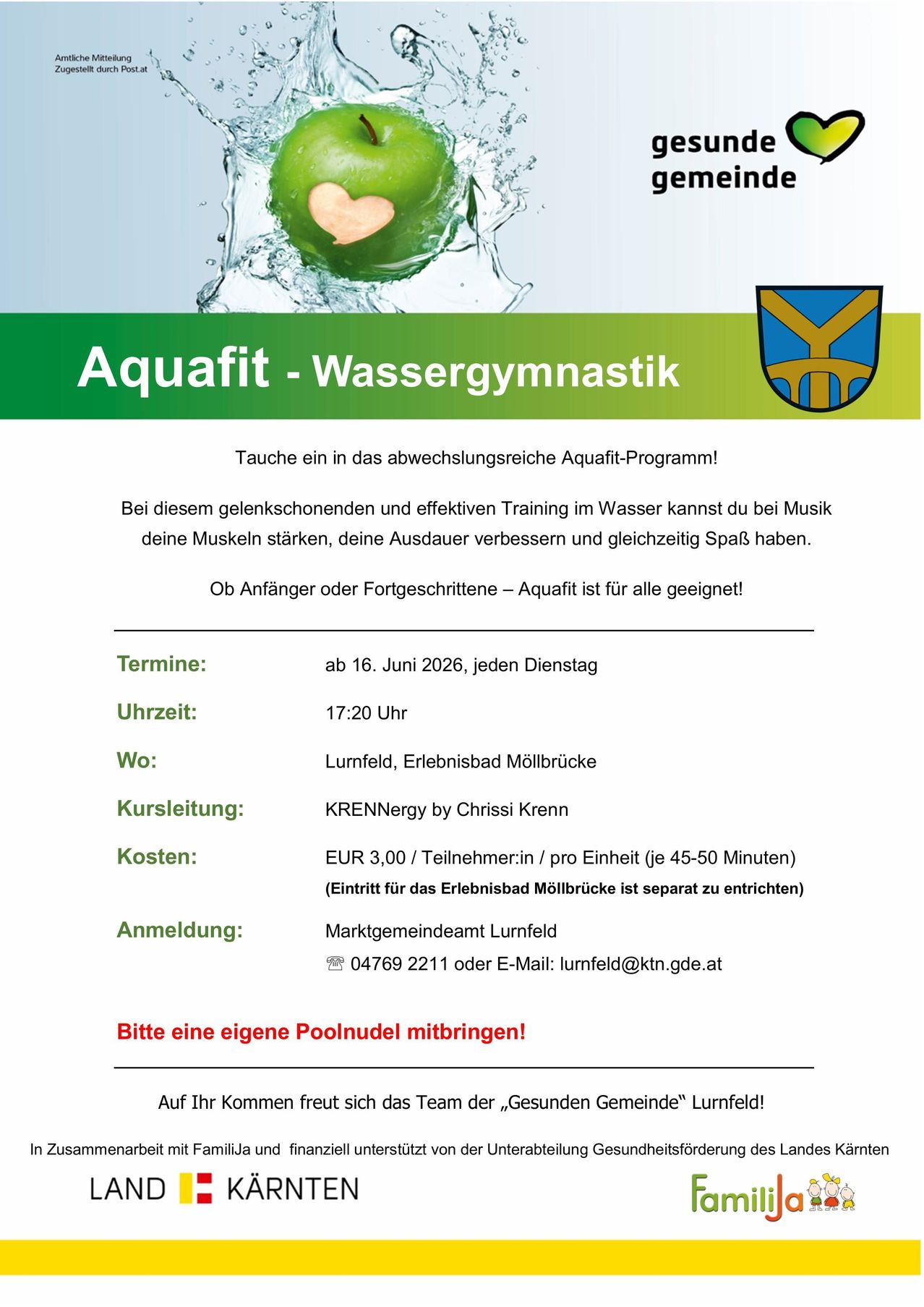 Tauchen Sie ein in das abwechslungsreiche Aquafit-Programm! Bei diesem gelenkschonenden und effektiven Training im Wasser können Sie Ihre Muskeln stärken, Ihre Ausdauer verbessern und gleichzeitig Spaß haben. Ob Anfänger oder Fortgeschrittene - Aquafit ist für alle geeignet!