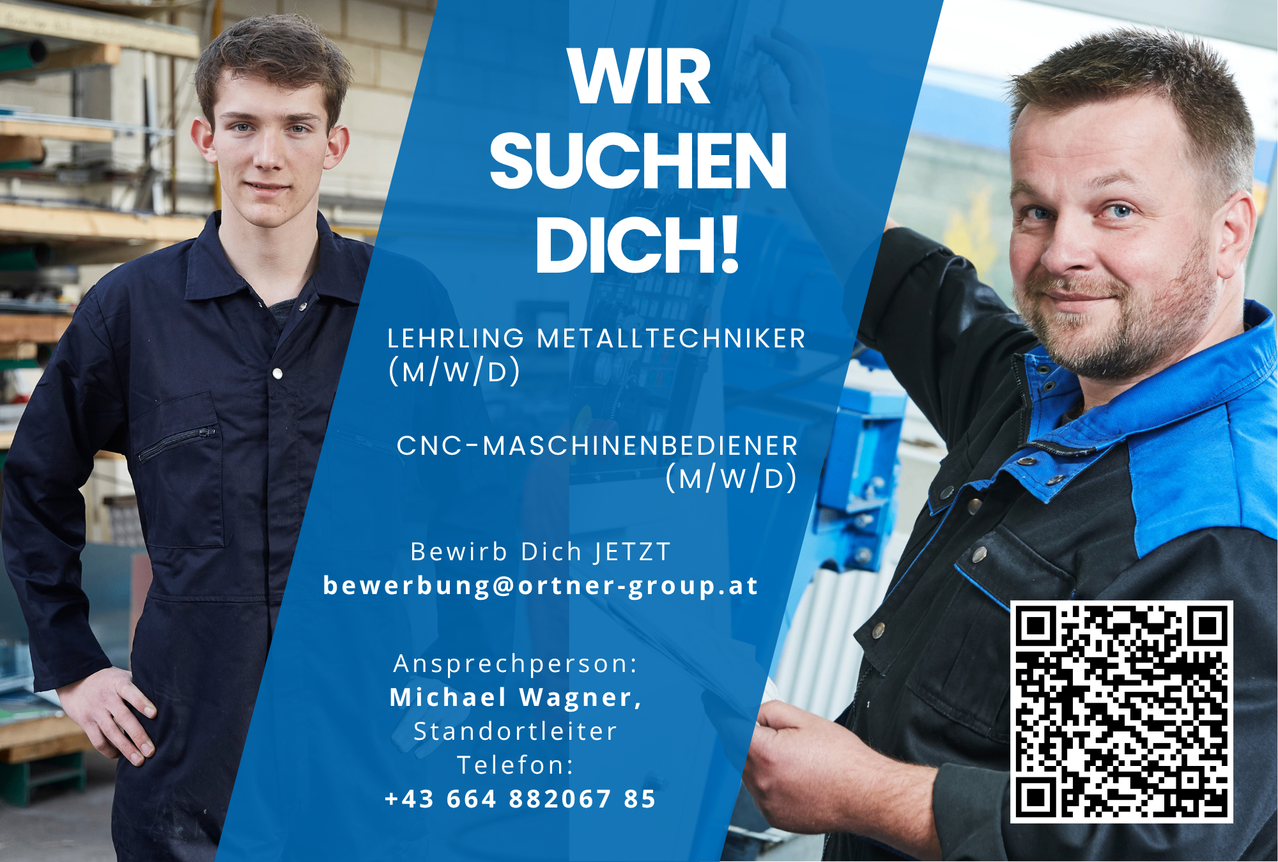 Das Bild zeigt eine Stellenanzeige für Metalltechniker und CNC-Maschinenbediener. Es enthält Kontaktdaten und eine E-Mail für Bewerbungen. Es hebt einen QR-Code für weitere Informationen hervor.
