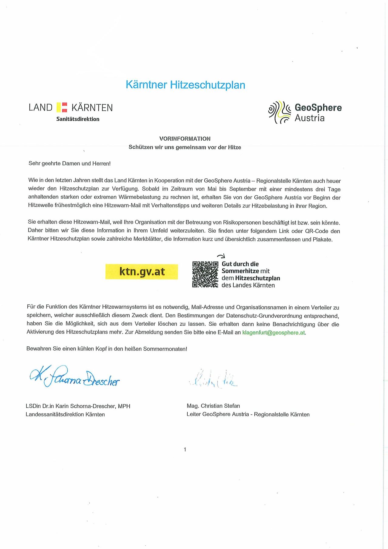 Das Dokument ist eine Mitteilung des Kärntner Hitzeschutzplans. Es informiert über einen Hitzeschutzplan und bittet um persönliche und organisatorische Informationen. Es betont die Bedeutung von Datenschutzbestimmungen und bietet eine Kontakt-E-Mail. Es endet mit einer Unterschrift und offiziellen Titeln.