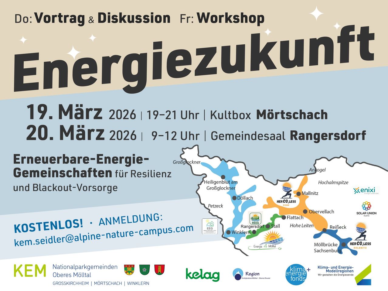 Plakat zur Energiezukunft mit zwei Veranstaltungen im März 2026. Eine Veranstaltung im Kulturbox Mortschach von 19-21 Uhr, eine weitere im Gemeindesaal Rangers von 9-12 Uhr. Karte der beteiligten Orte.