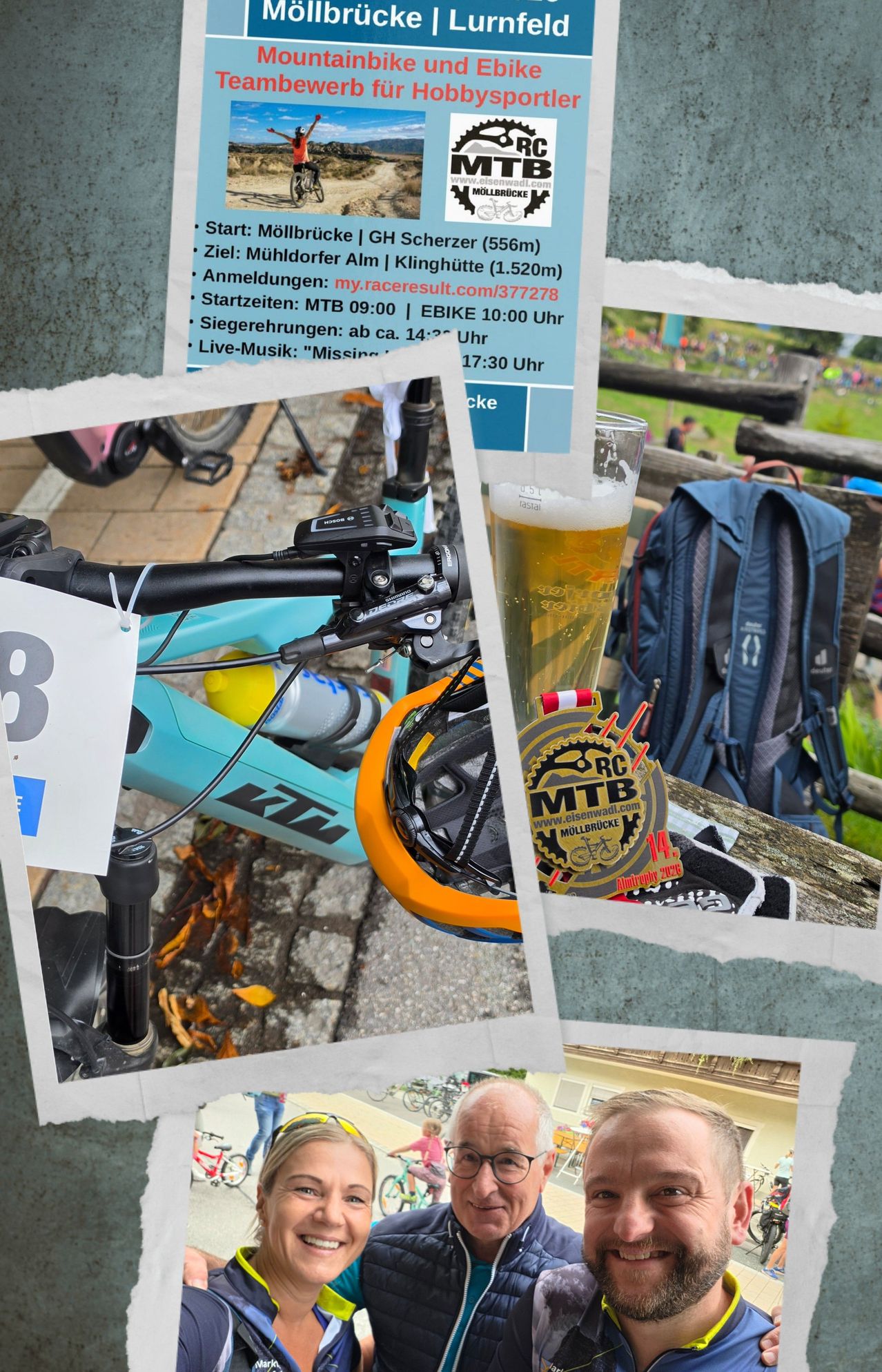 Eine Collage von Fahrrad-Event-Bildern mit einem Fahrrad, einem Glas Bier, einem Helm, einem Rucksack und einer Startnummer. Der Hintergrund zeigt ein verschwommenes Bild einer Wiese mit Menschen.