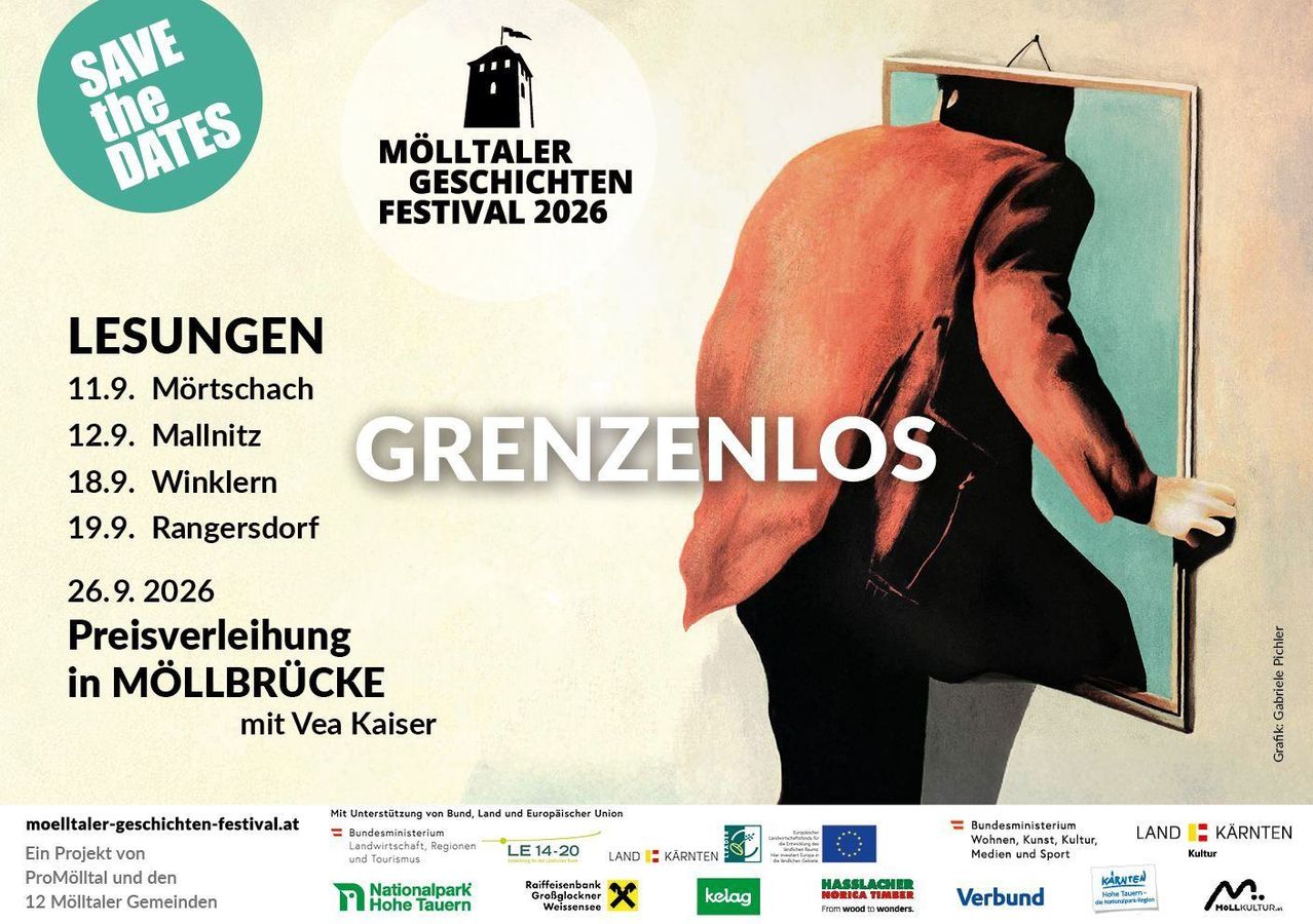 Plakat für das Mölltaler Geschichtsfestival 2026, das einen Mann zeigt, der seinen Spiegelblick betrachtet. Der Text beinhaltet 'Grenzlos' und 'Erleichterung mit Vea Kaiser'. Es werden auch 'Mölltaler Geschichtsfestival 2026' und eine Liste von Orten erwähnt. Es gibt Logos verschiedener Sponsoren und Organisationen.